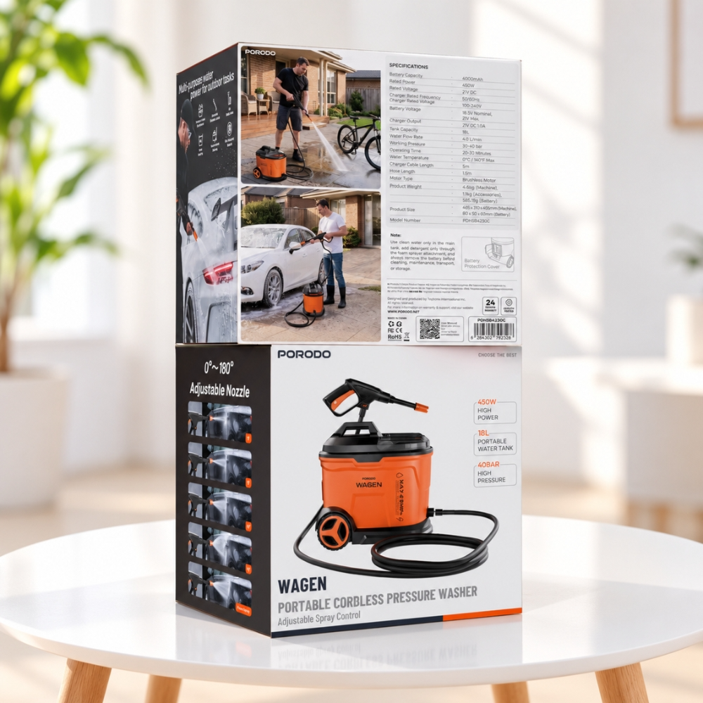 Porodo Wagen Cordless Pressure Washer 40 Bar Orange – Portable Car Washer with 18L Water Tank