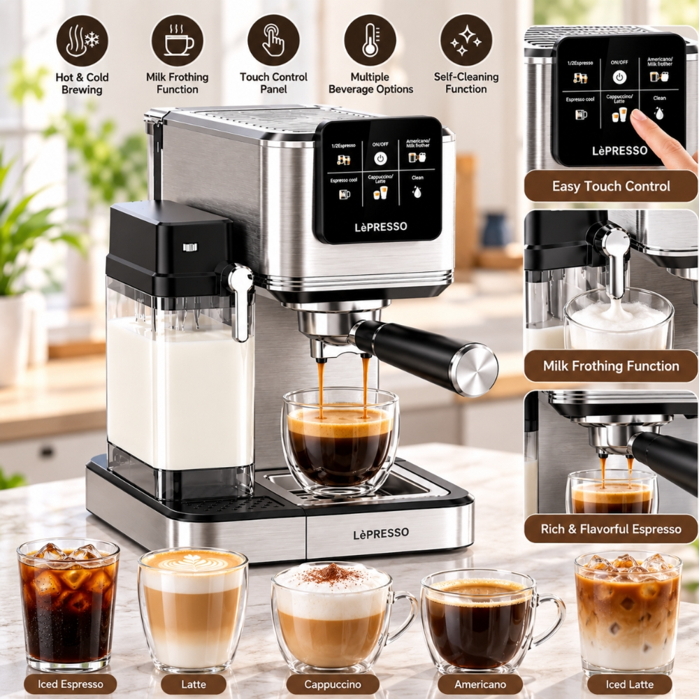 LePresso Latteo 20-Bar Coffee Machine – Hot & Cold Coffee Maker with Milk Frother, 1350W, 1.2L Water Tank, 1L Milk Tank - Silver
