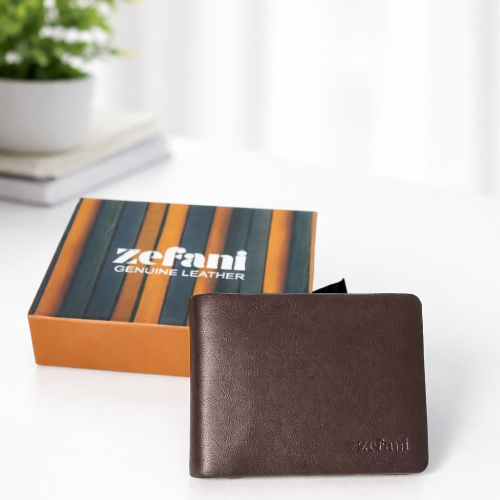 Zefani Premium Genuine Leather Bi-Fold Wallet with Card Slots & Coin Pouch - Brown