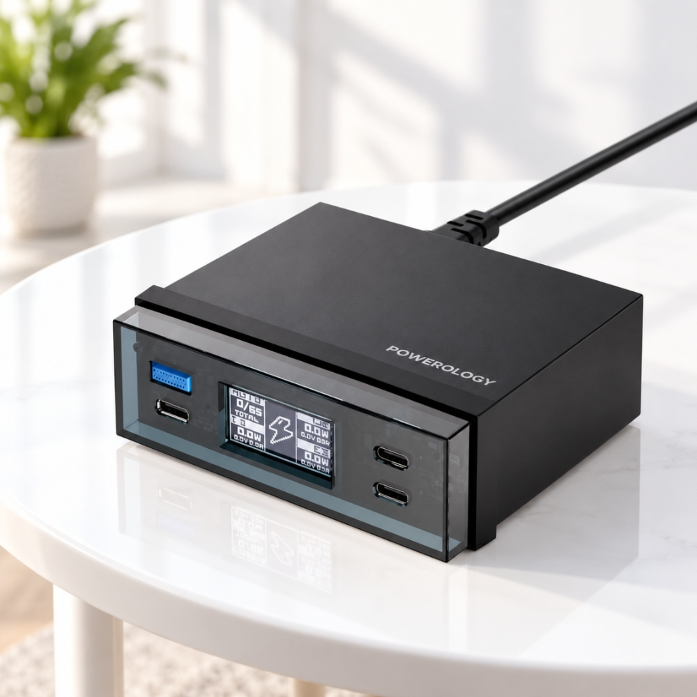Powerology 65W 4-Port Desktop Charging Station with 3 USB-C & USB-A - Black