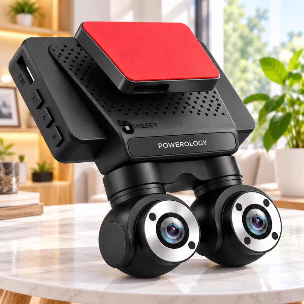 Powerology Dual Lens 4K Dash Camera with 1080P Interior Camera, Night Vision & Parking Monitor – Black