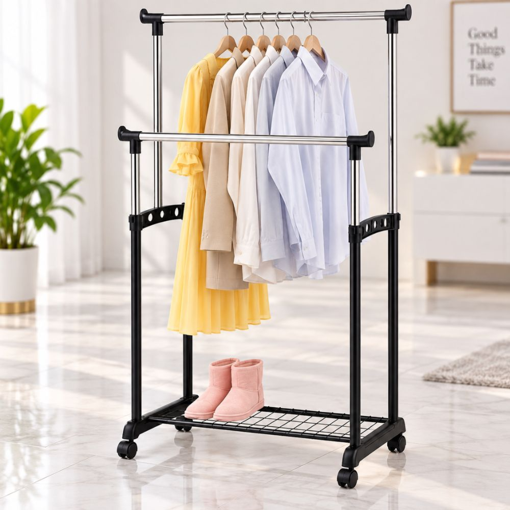 Garment Rack – LeoStar Double Rail Clothes Hanger with Storage Shelf & Lockable Wheels – CD-1266