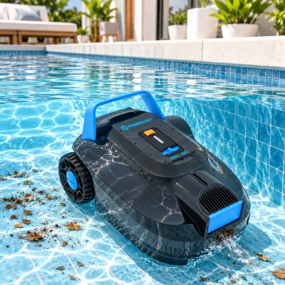 Powerology Cordless Robotic Pool Cleaner – Automatic Swimming Pool Vacuum, 120 Min, 5000mAh, Black