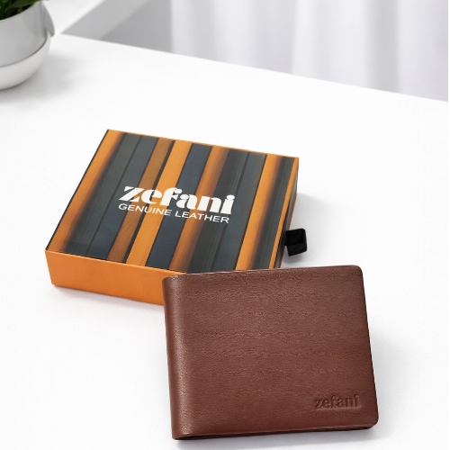 Zefani Genuine Leather Bi-Fold Wallet for Men with Coin Pouch- Tan
