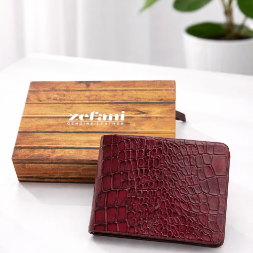 Zefani Premium Croc Texture Genuine Leather Bi-fold Wallet For Men - Maroon