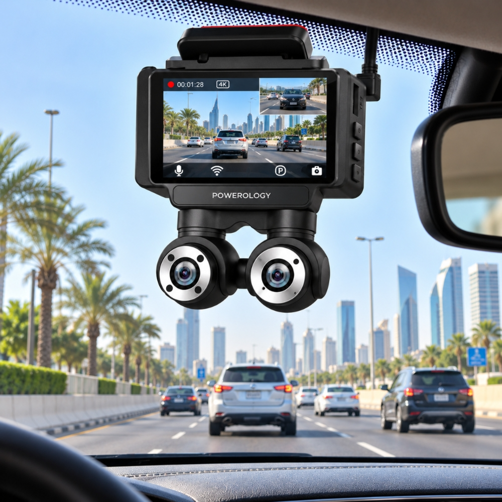 Powerology Dual Lens 4K Dash Camera with 1080P Interior Camera, Night Vision & Parking Monitor – Black