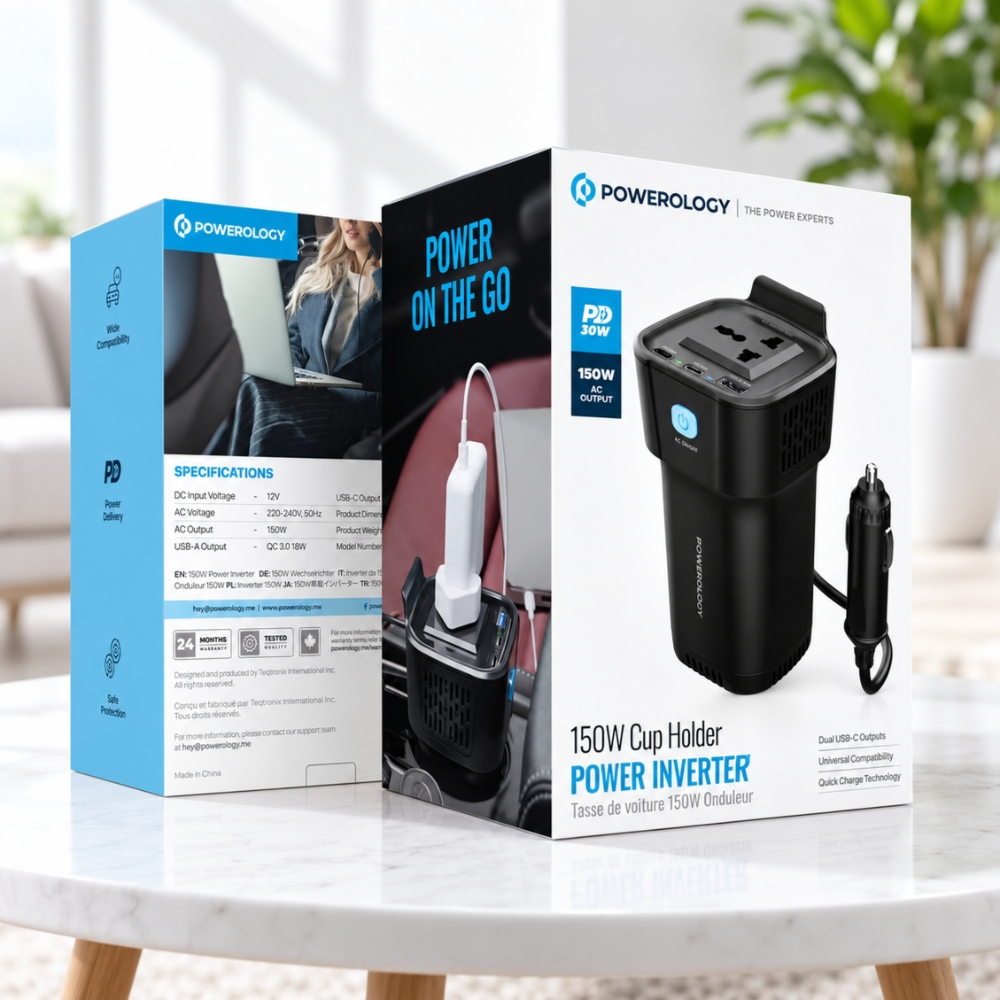 Powerology 150W Car Power Inverter with Dual USB-C PD & USB-A QC - Black