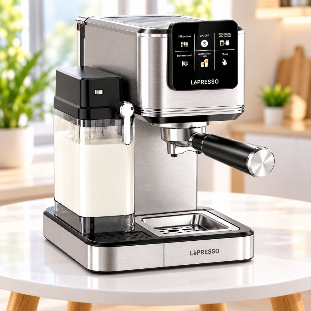 LePresso Latteo 20-Bar Coffee Machine – Hot & Cold Coffee Maker with Milk Frother, 1350W, 1.2L Water Tank, 1L Milk Tank - Silver