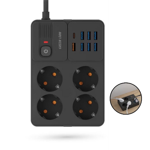 EU Power Socket – Extension Board, USB Power Strip & PD Charger Green Lion