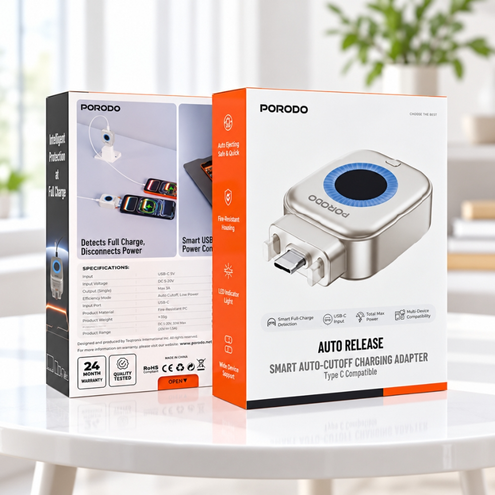 Porodo 140W Smart Auto Cut-Off USB-C Charging Adapter – Silver