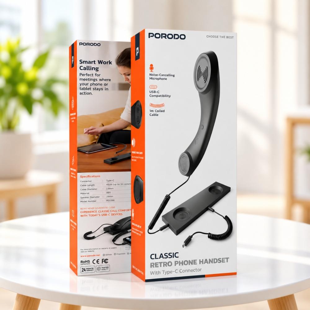 Porodo Retro Phone Handset - USB-C Mobile Phone Receiver, Classic Telephone Handset, Black