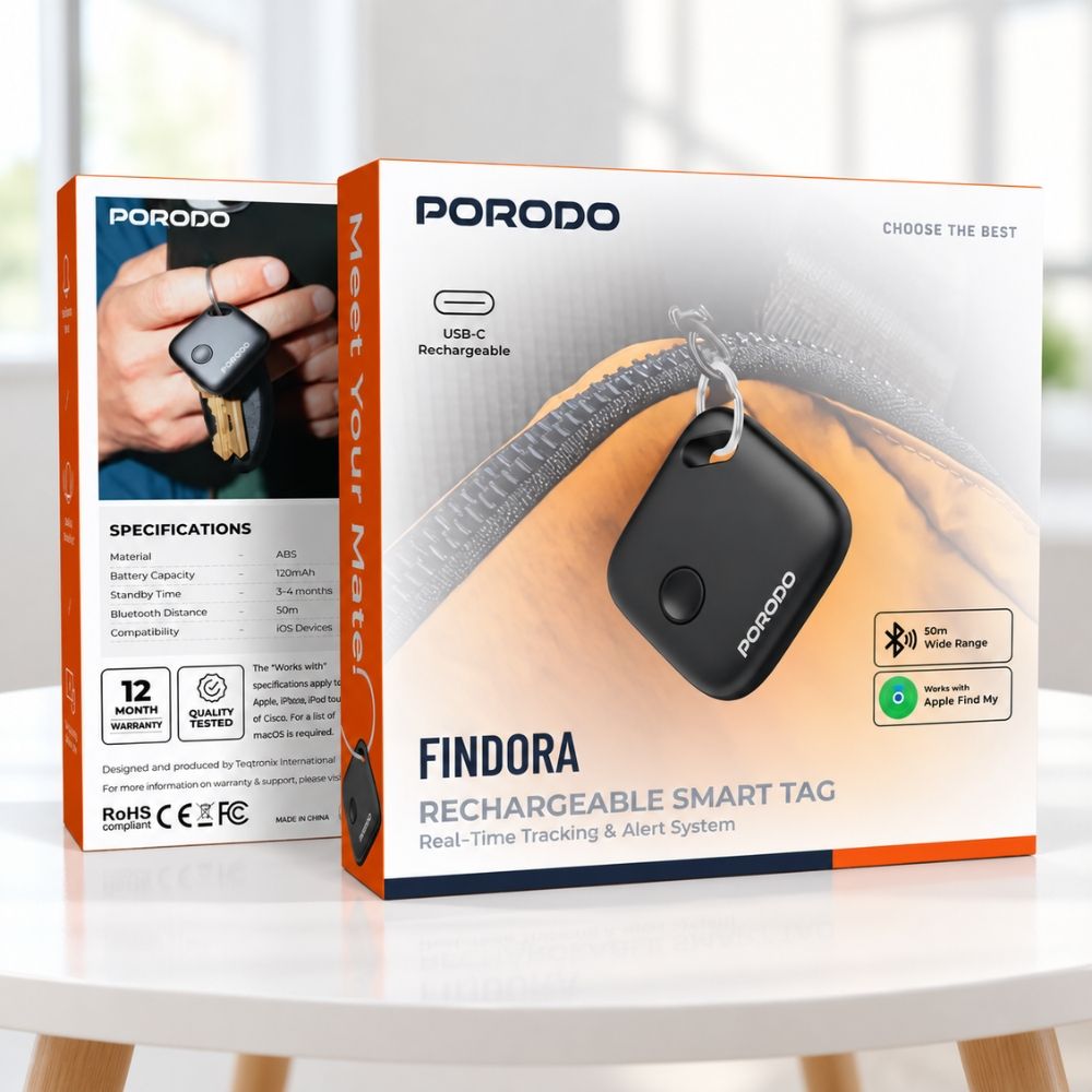 Porodo Findora Smart Tag Black – Bluetooth Tracker for iPhone, Apple Find My, Keys & Items