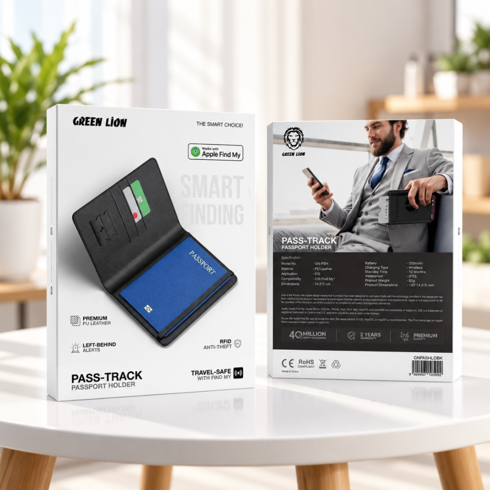 Green Lion Smart Passport Holder Apple Find My RFID Travel Wallet Black