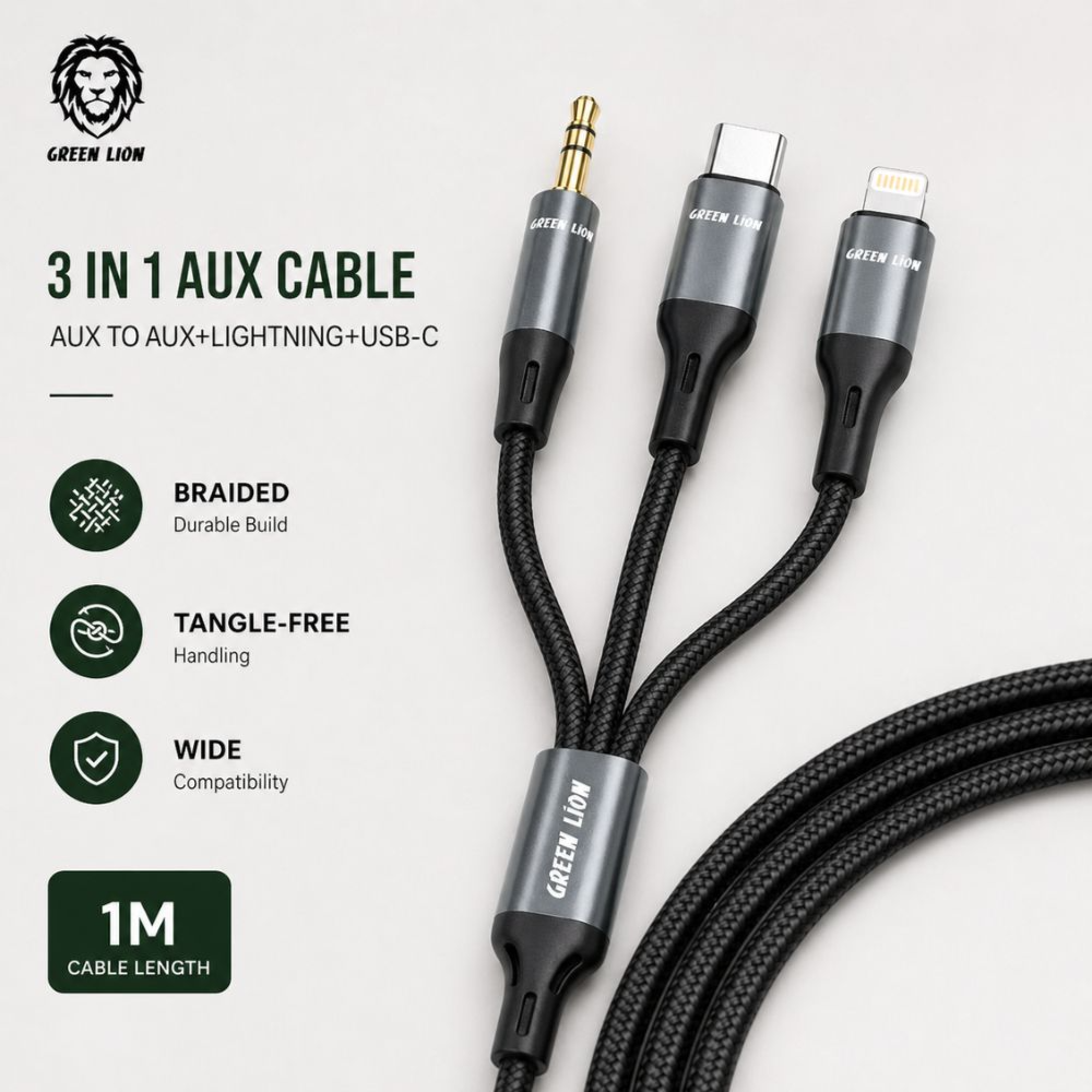 3-in-1 AUX Cable – Green Lion Lightning, USB-C & 3.5mm Audio Cable 1M for Car & Speakers