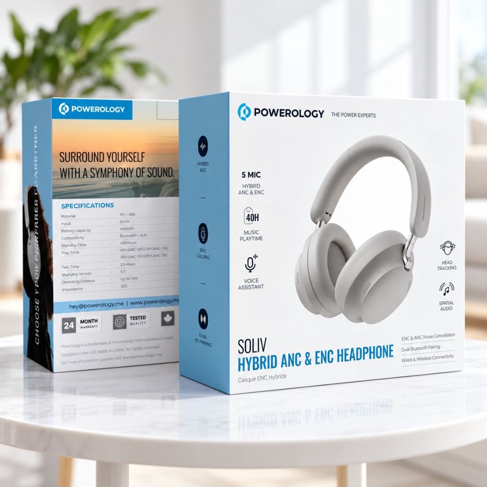 Powerology Soliv Hybrid ANC & ENC Wireless Headphones with Spatial Audio - Light Grey