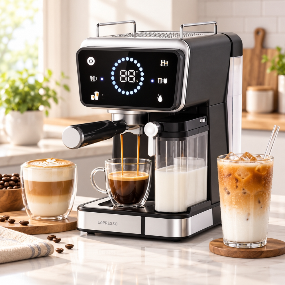 LePresso Réveil 20-Bar Coffee Machine – Hot & Cold Coffee Maker, 1350W, 1.5L Water Tank, 500mL Milk Tank - Black
