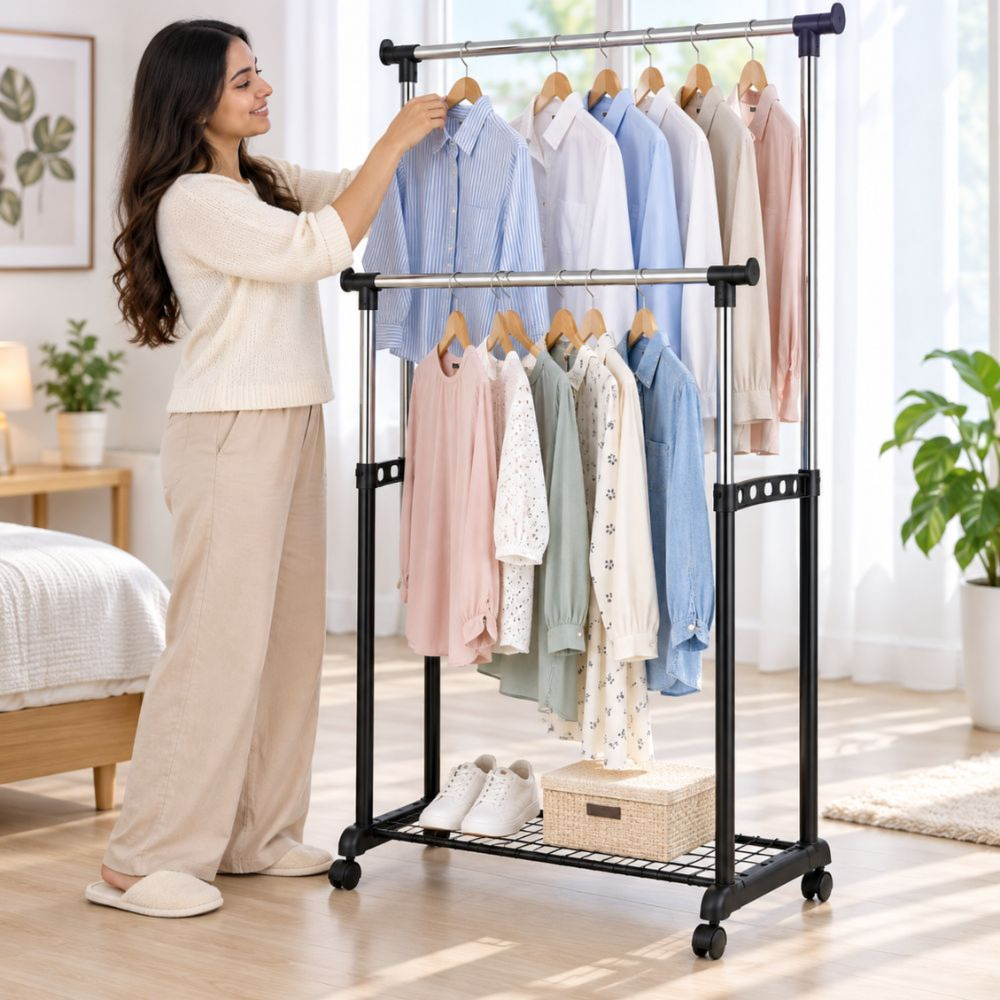 Garment Rack – LeoStar Double Rail Clothes Hanger with Storage Shelf & Lockable Wheels – CD-1266