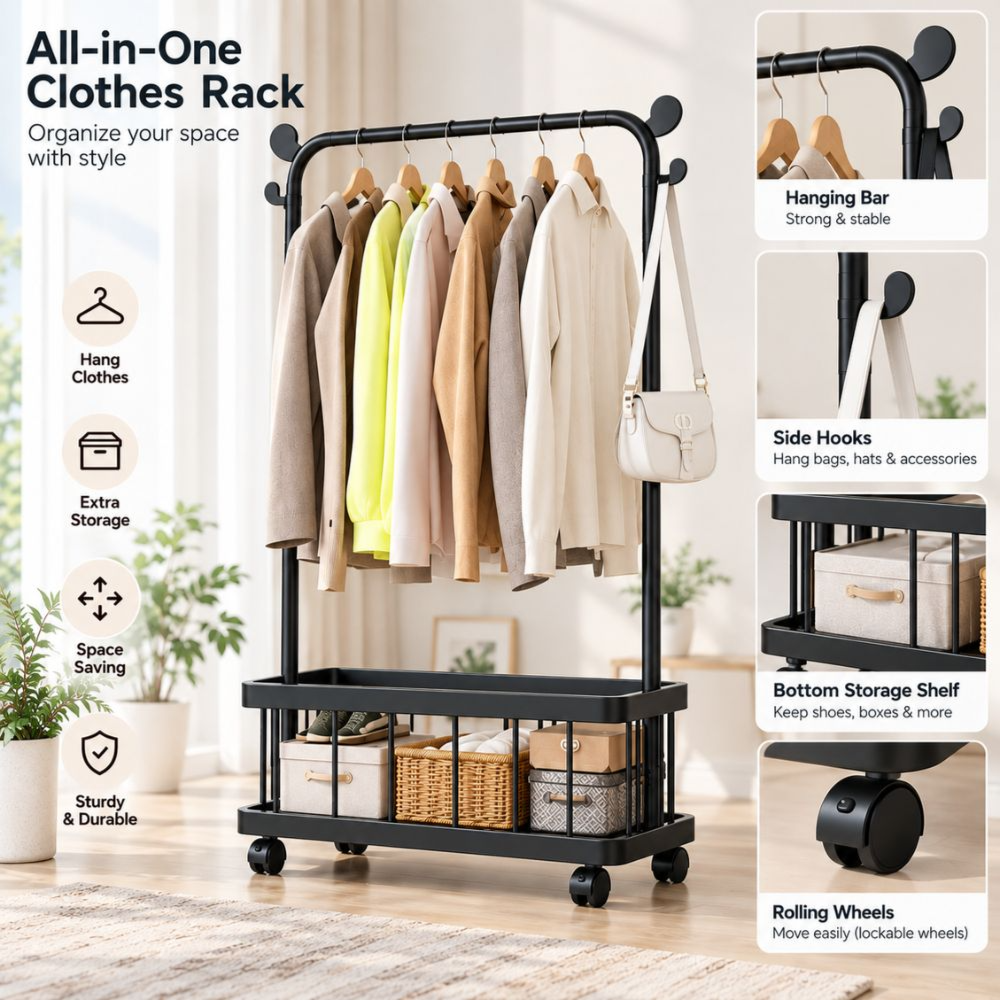 Single-Rod Clothes Rack with Storage Shelf & Wheels Black