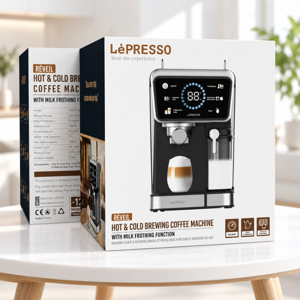 LePresso Réveil 20-Bar Coffee Machine – Hot & Cold Coffee Maker, 1350W, 1.5L Water Tank, 500mL Milk Tank - Black