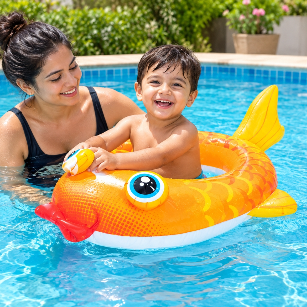 Inflatable Baby Boat Fish-Shaped Swimming Float Orange – 80×60cm