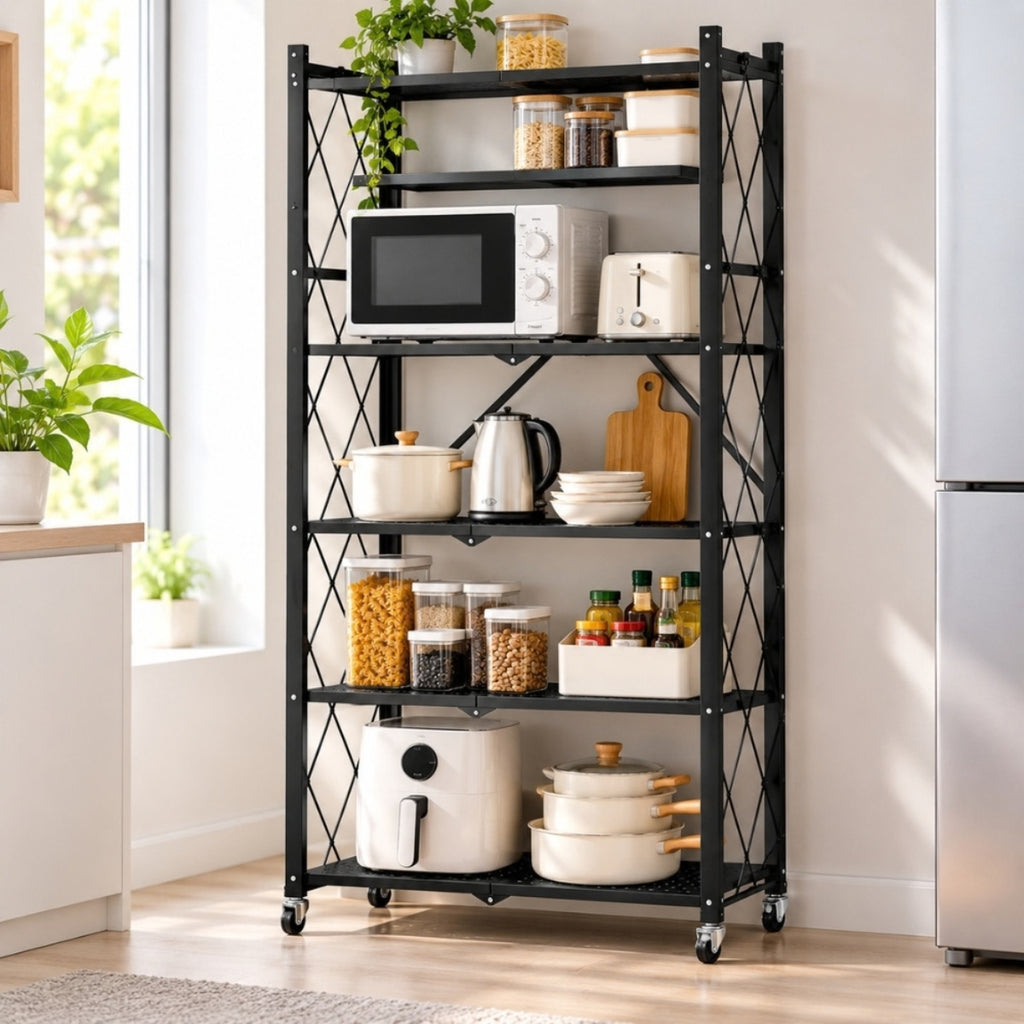 5-Tier Foldable Kitchen Storage Rack with Wheels - Black