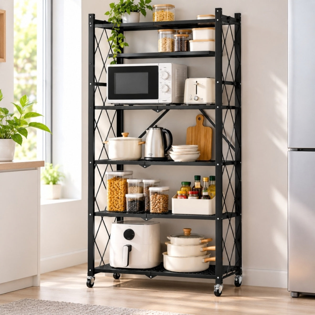 5-Tier Foldable Kitchen Storage Rack with Wheels - Black