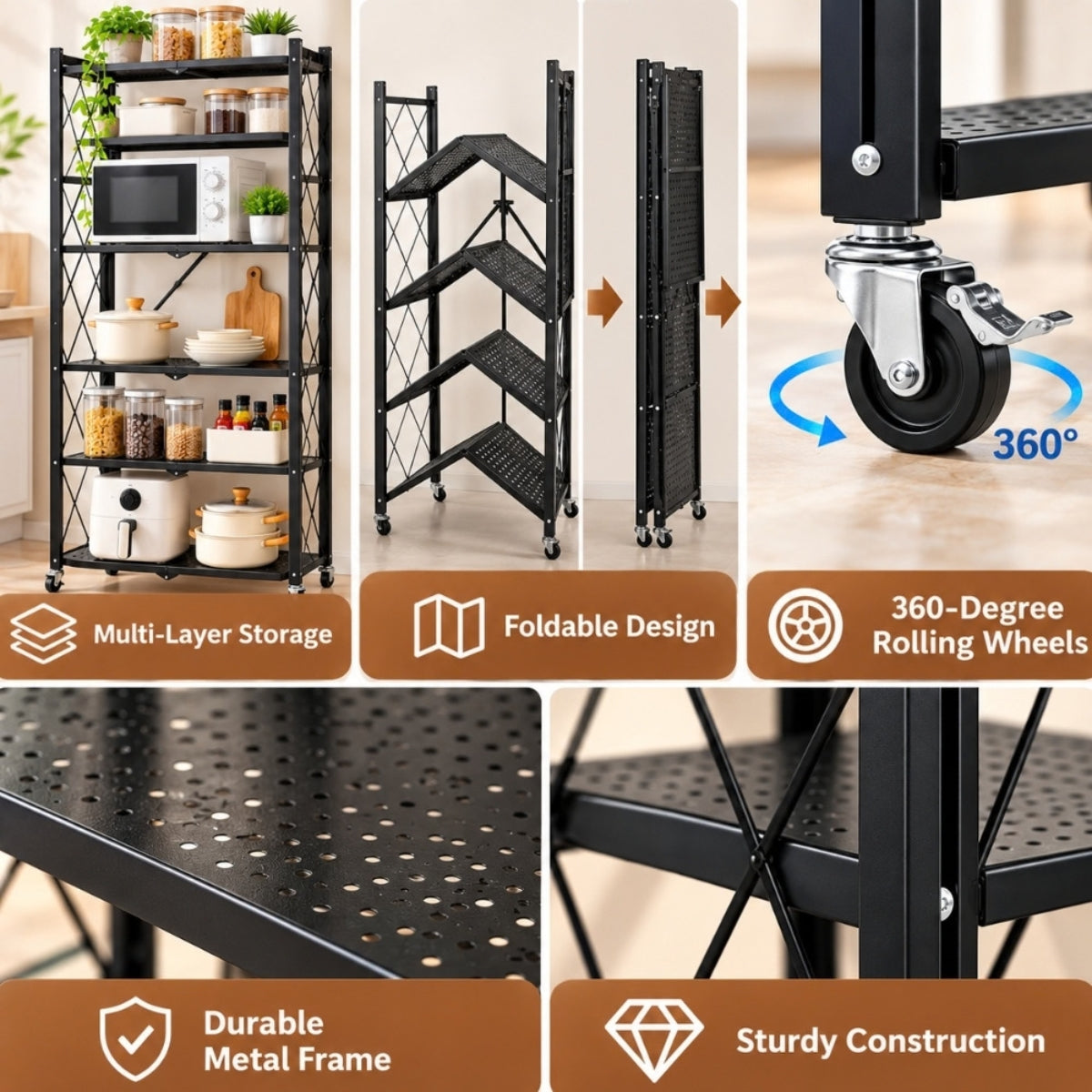 5-Tier Foldable Kitchen Storage Rack with Wheels - Black