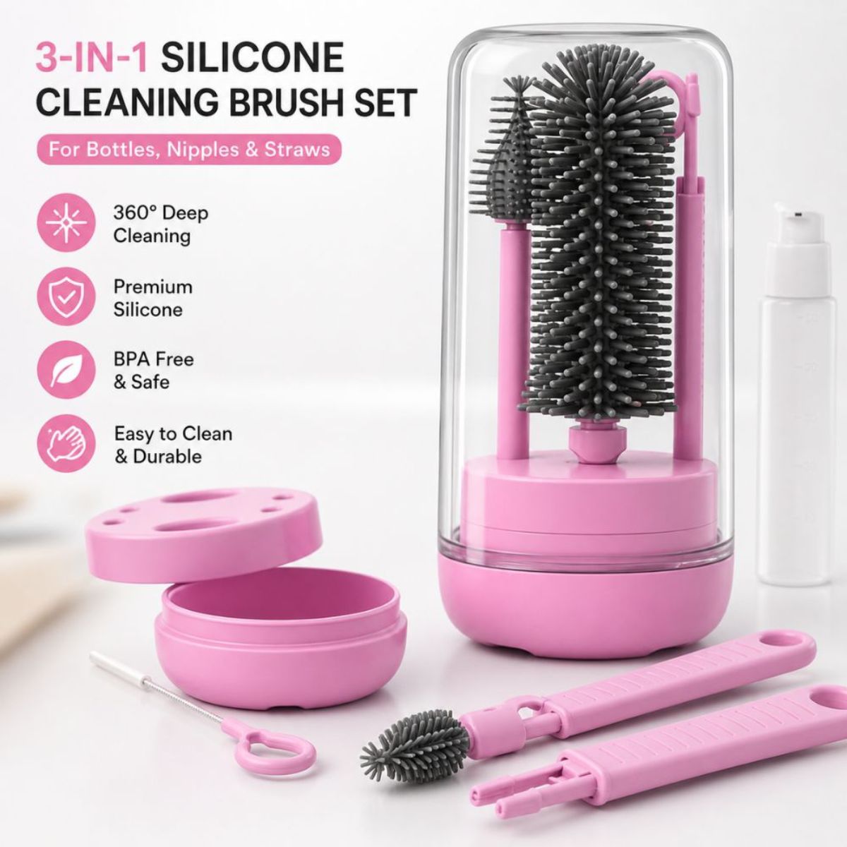 Baby Bottle Cleaning Brush Set - Pink