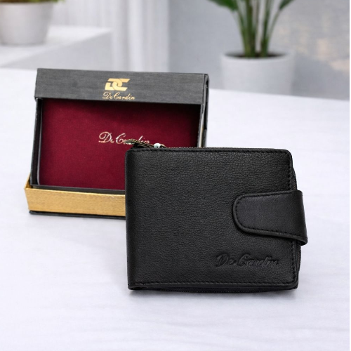 DeCardin Men’s Leather Bi-Fold Wallet with Zipper Coin Pocket - Black