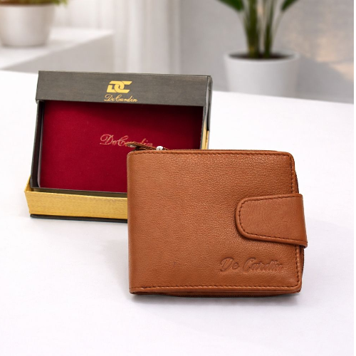 DeCardin Men’s Leather Bi-Fold Wallet with Zipper Coin Pocket - Tan
