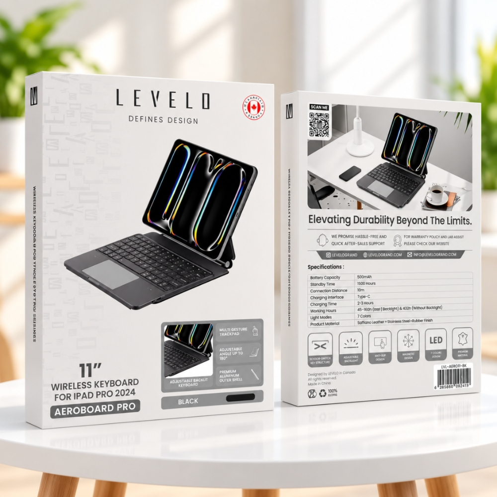 Levelo AeroBoard Pro Wireless Keyboard Case for iPad Pro 11" 2024 with Touchpad & RGB Backlit - Black