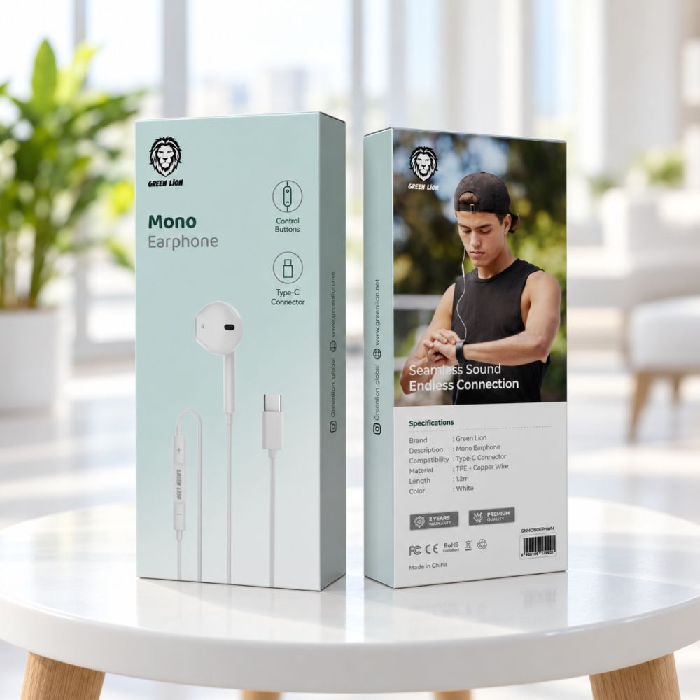 Green Lion Type-C Wired Mono Earphone USB-C Headset with Control Buttons 1.2m – White