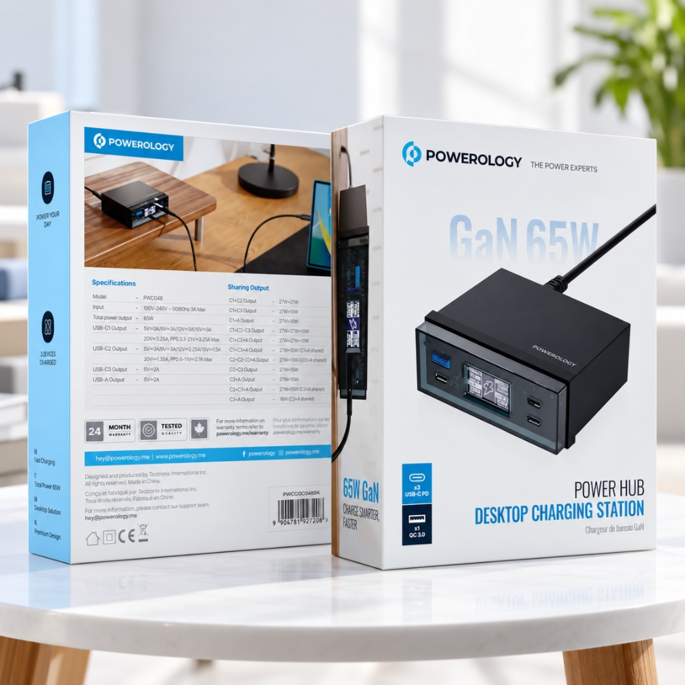 Powerology 65W 4-Port Desktop Charging Station with 3 USB-C & USB-A - Black