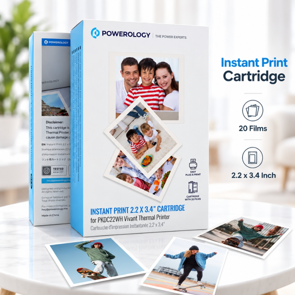 Powerology Instant Photo Printer Cartridge 2.2 x 3.4 Inch – 20 Films – White