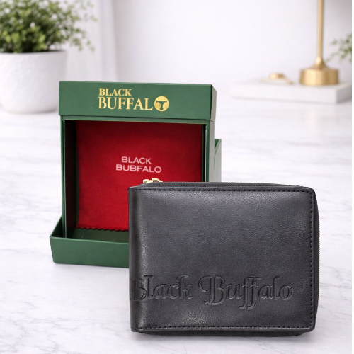 Black Buffalo Premium Genuine Leather Bi-Fold Wallet - Black