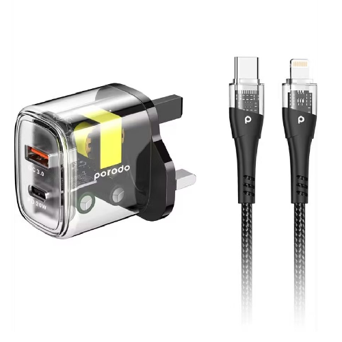 Porodo Dual Transparent Charger with USB-C to Lightning Cable 1.2M - Black