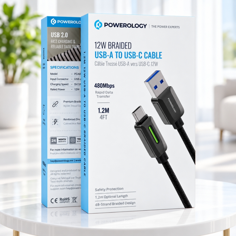 Powerology 12W USB-A to USB-C Braided Cable 1.2M – Black