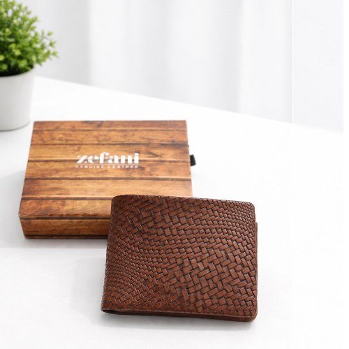 Zefani Heritage Weave Genuine Leather Bi-Fold Wallet - Tan