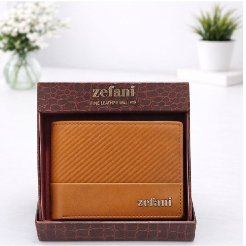 ZEFANI Premium Textured Leather Bi-Fold Wallet - Tan